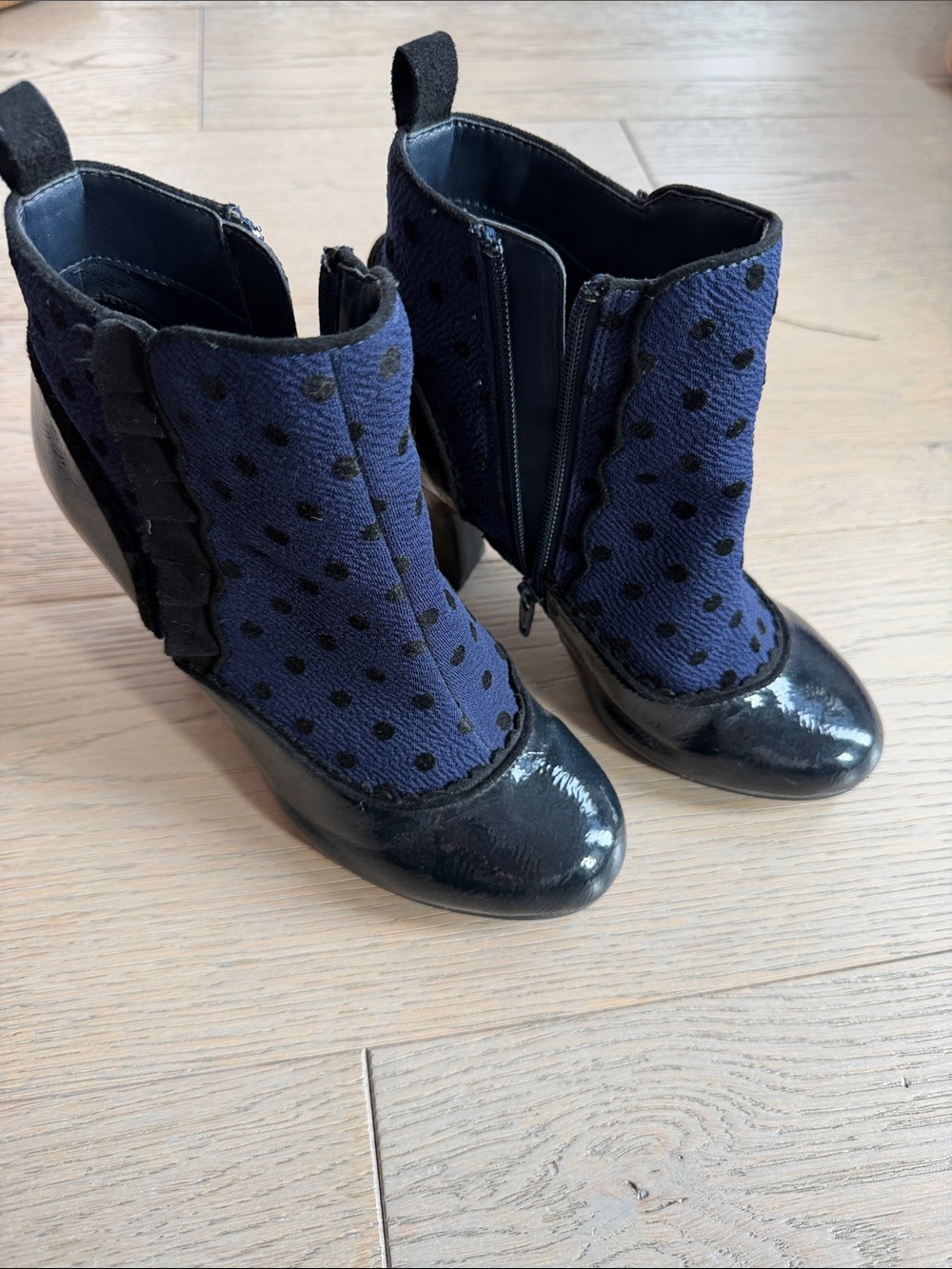 Polka Dot Navy Ankle Booties with Side Zipper Size 5